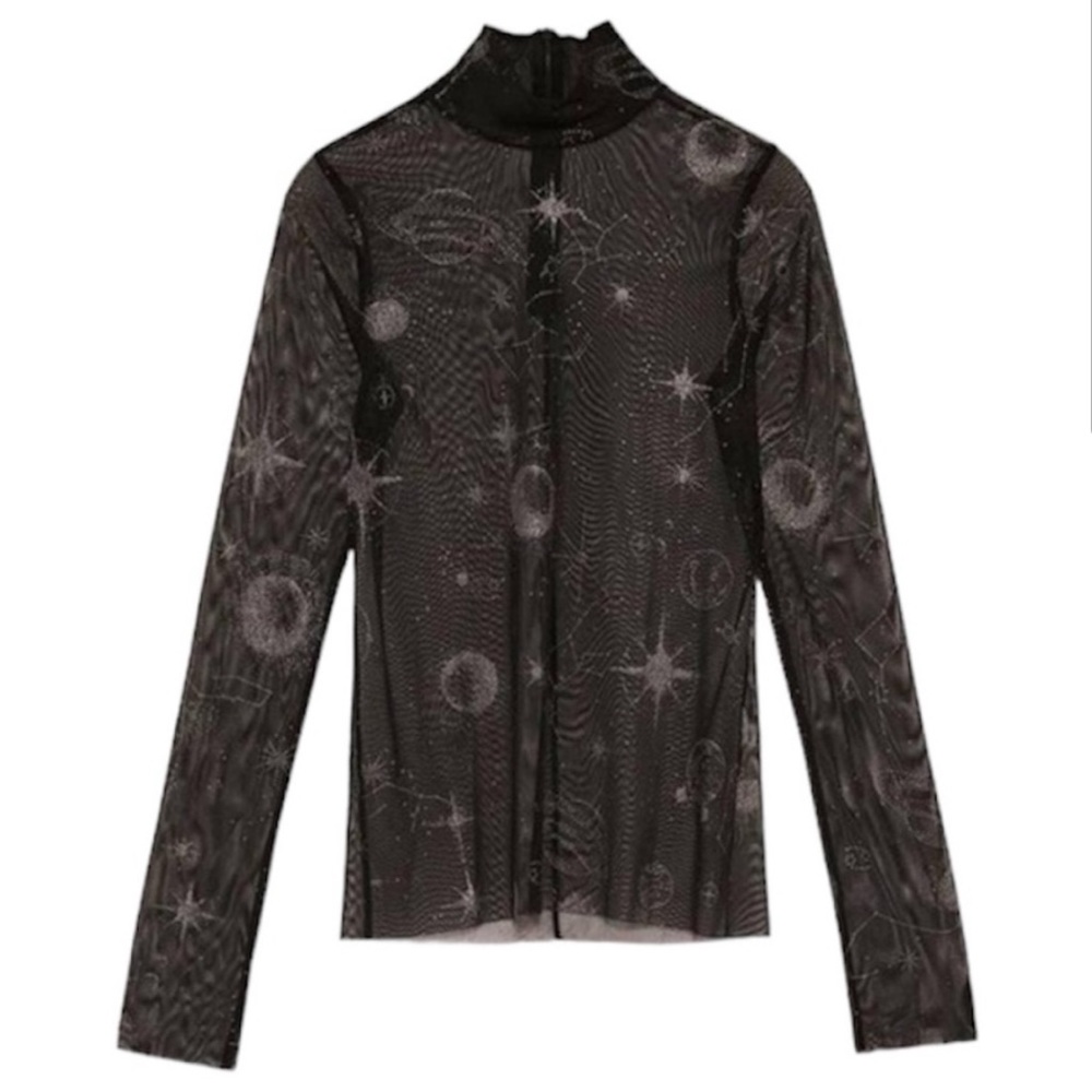 Zara Black Sheer Celestial Mesh Long-Sleeve Top